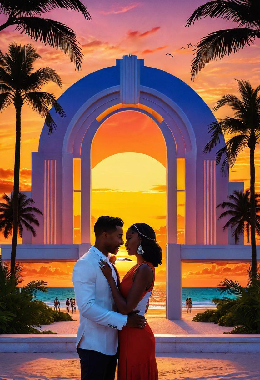A vibrant sunset over a lively Miami beach, featuring couples connecting through personal gestures of affection, with the iconic Art Deco architecture in the background. The scene captures the joy and warmth of intimacy, showcasing diverse people celebrating love in a festive atmosphere, with palm trees swaying in the breeze. super-realistic. vibrant colors. 3D.