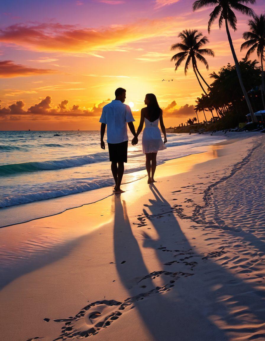 A vibrant sunset over a romantic Miami beach, featuring a couple walking hand in hand on the shore. Include palm trees swaying gently in the background and scattered heart-shaped footprints in the sand. Add subtle details like beach bars and a colorful atmosphere to evoke a lively date scene. super-realistic. vibrant colors. 3D.