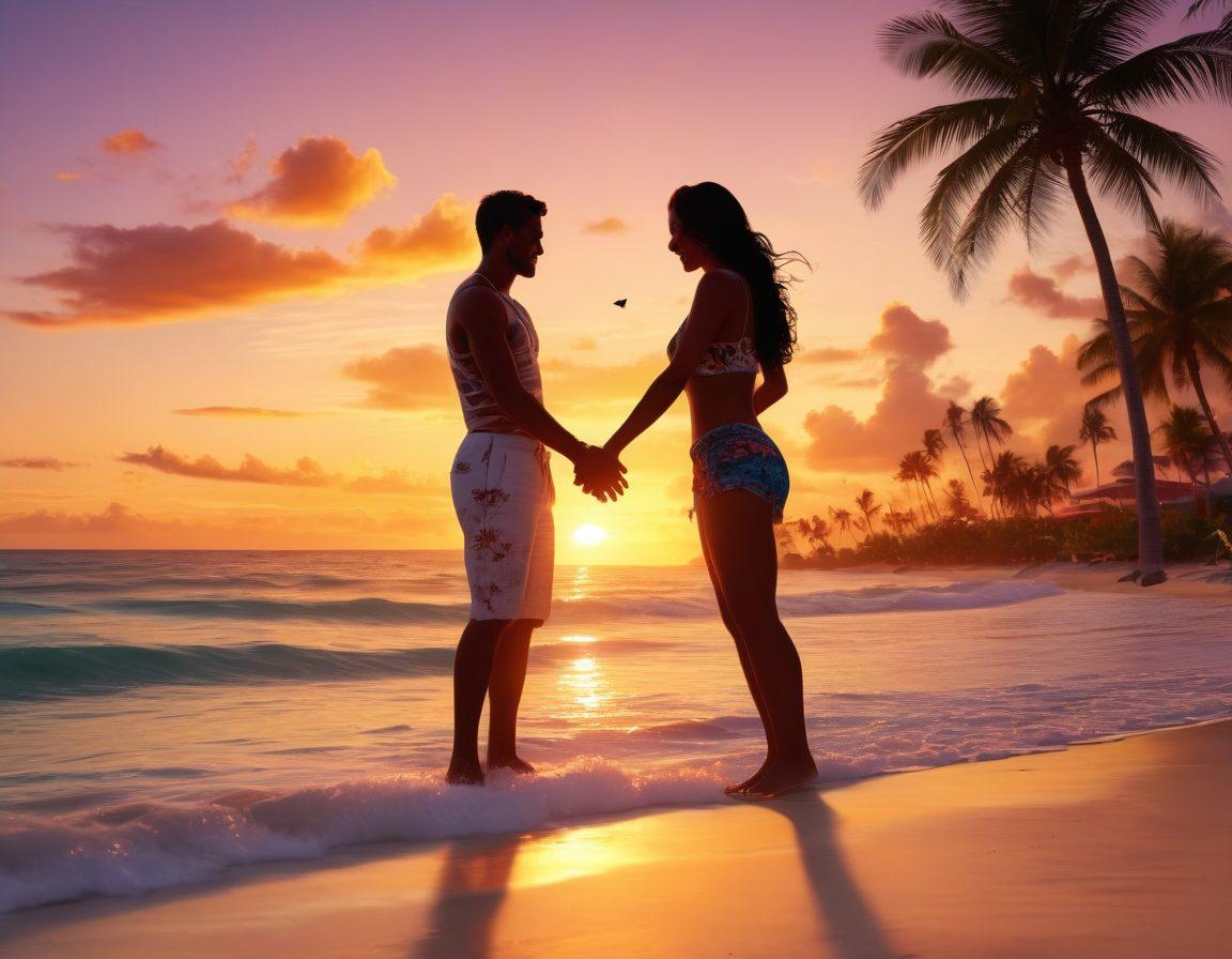 A vibrant Miami sunset over a lively beach scene, depicting diverse couples engaging in heartfelt conversations and playful interactions. A backdrop of palm trees swaying gently, with the ocean waves reflecting warm colors. Include elements of flirtation like flowers, laughter, and hand-holding, showcasing the progression from casual moments to deeper connection. Super-realistic. vibrant colors. 3D.